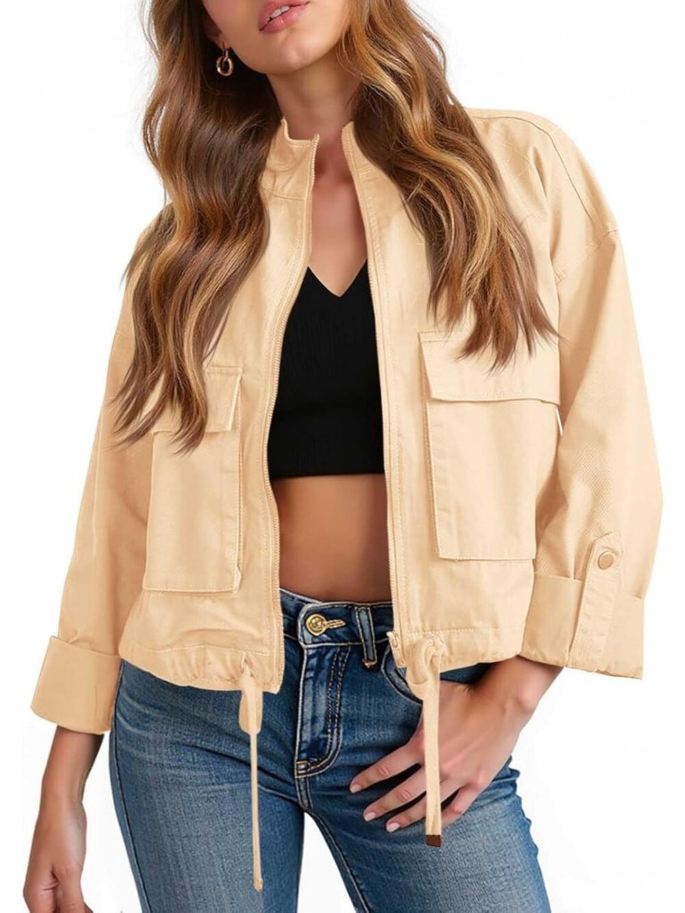 Women's Beige Mock Neck Flap Pockets Long Sleeve Zip Up Anorak Cropped Jackets